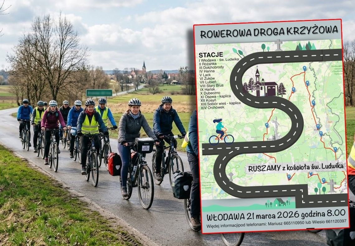 Przed nami Rowerowa Droga Krzyżowa po powiecie włodawskim grupa pielgrzymów na rowerach i plakat wydarzenia