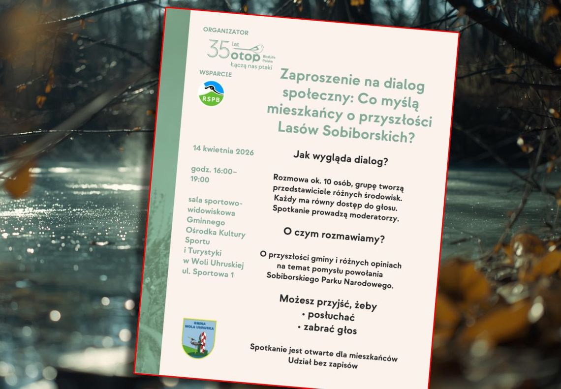 zdjecie plakatu o dialogu społęcznym na tle mokradła