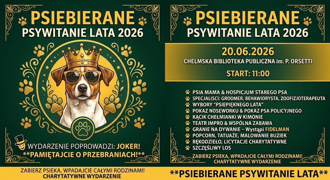 Psiebierane PsyWitanie Lata 2026 w Chełmie połączy zabawę z pomocą zwierzętom 20 czerwca w Chełmie odbędzie się Psiebierane PsyWitanie Lata.