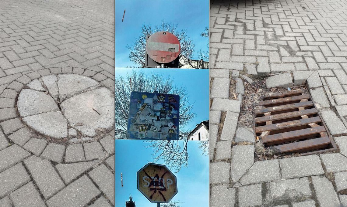 Włodawa. Drogi czekają na łaty i na dofinansowanie, studzienki na nowe pokrywy na zdjęciach są znaki drogowe i pokrywy studzienki, które wymagaja wymiany