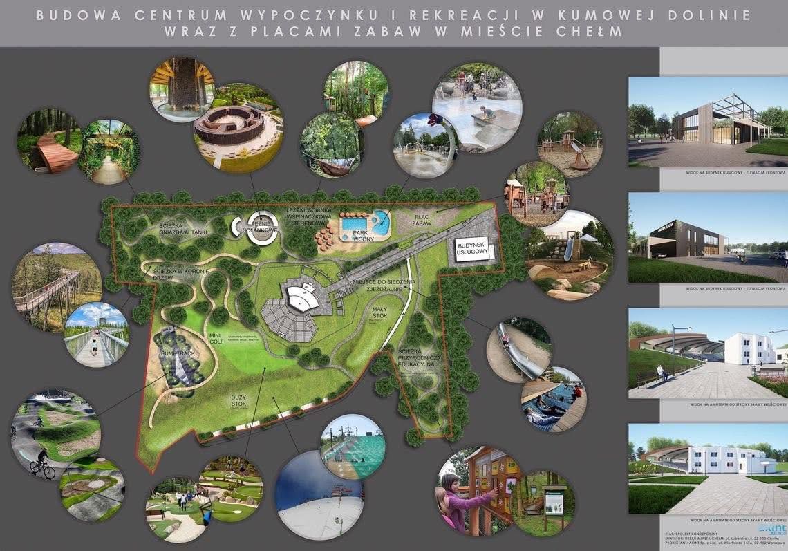 Chełm. Ścieżka w koronach drzew, wodny plac zabaw, tężnie, minigolf, pumptrack i stoki narciarskie. Tak ma zmienić się Kumowa Dolina Kumowa Dolina ma zmienić się w całoroczne centrum rekreacji z wodnym placem zabaw, tężniami, ścieżką w koronach drzew, pumptrackiem, minigolfem i stokami narciarskimi. Miasto szuka wykonawcy dużej inwestycji, która obejmie ponad 7,5 hektara terenu.