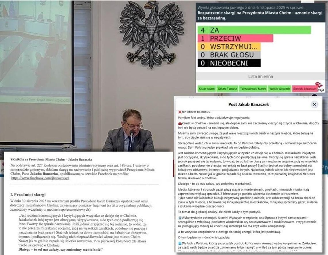 Wyniki głosowania radnych oraz fragment skargi mieszkańca Chełma na prezydenta Jakuba Banaszka. Skarga dotyczy części wpisu, który widoczny jest na zdjęciu.