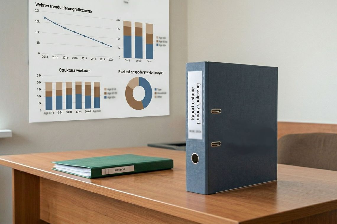 Spadek liczby mieszkańców i rosnące koszty opieki teczka na biurku z napisem raport o stanie pomocy społecznej, na ściane wykres