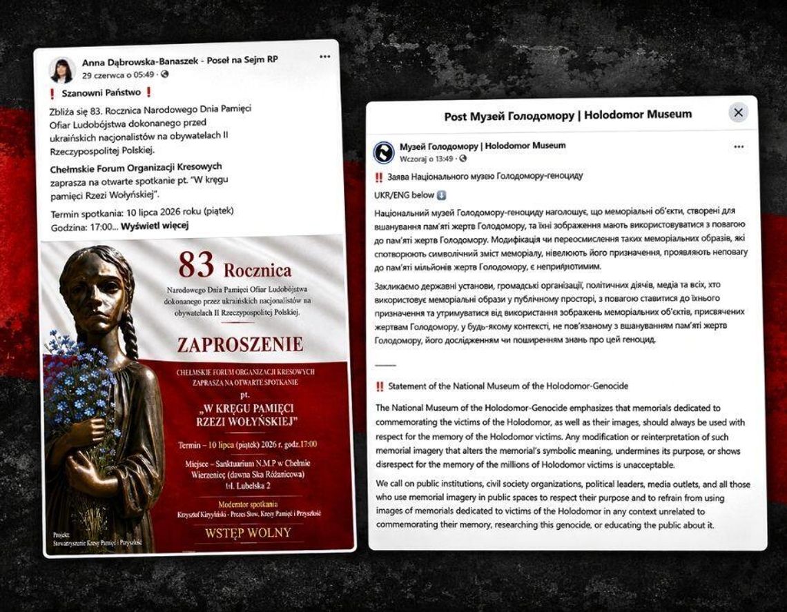 Chełm. Burza po publikacji posłanki. Na plakacie o Wołyniu wykorzystano pomnik ofiar Hołodomoru Wpis posłanki Anny Dąbrowskiej-Banaszek oraz oświadczenie Narodowego Muzeum Hołodomoru-Ludobójstwa w Kijowie, wydane po kontrowersjach wokół wykorzystania symboliki pomnika ofiar Hołodomoru na plakacie o rzezi wołyńskiej.