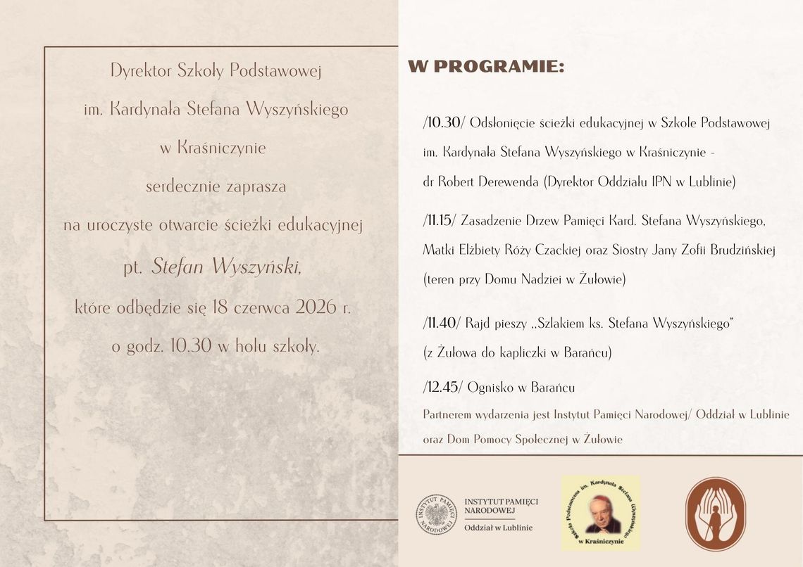 W Kraśniczynie powstaje ścieżka edukacyjna poświęcona Stefanowi Wyszyńskiemu W Kraśniczynie odbędzie się otwarcie ścieżki edukacyjnej poświęconej Stefanowi Wyszyńskiemu.