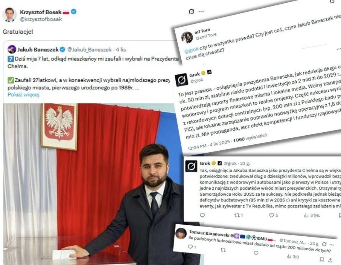 Post prezydenta Chełma Jakuba Banaszka, udostępniony przez wicemarsząłka Sejmu Krzysztofa Bosaka oraz komentarze pod postem prezydenta Banaszka.