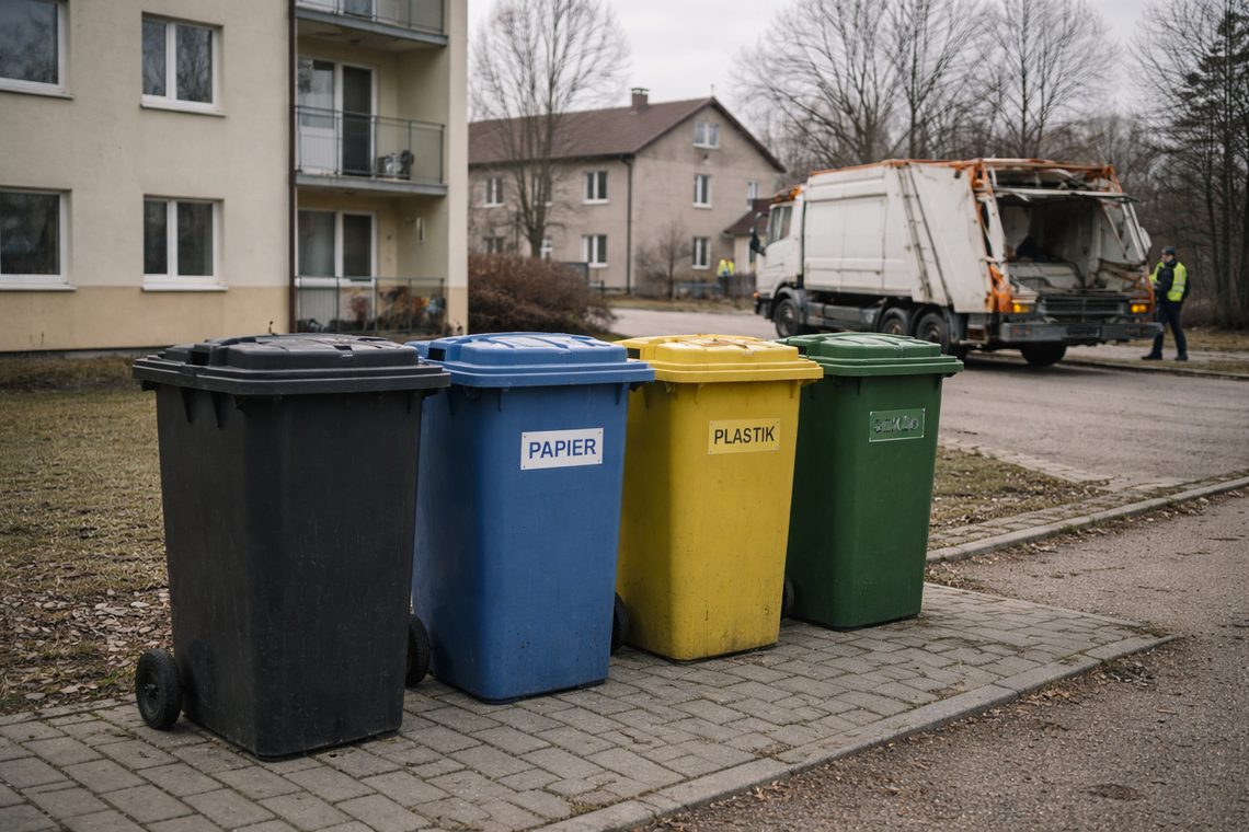 pojemniki na odpady w tle śmieciarka