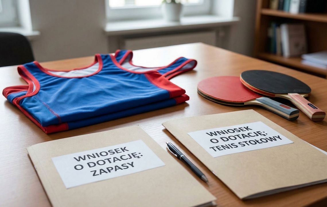 nowy strój zapaśniczy oraz paletki do tenisa stołowego na stoliku, na który leżą dwie teczki z napisami: WNIOSEK O DOTACJĘ: ZAPASY oraz WNIOSEK O DOTACJĘ: TENIS STOŁOWY