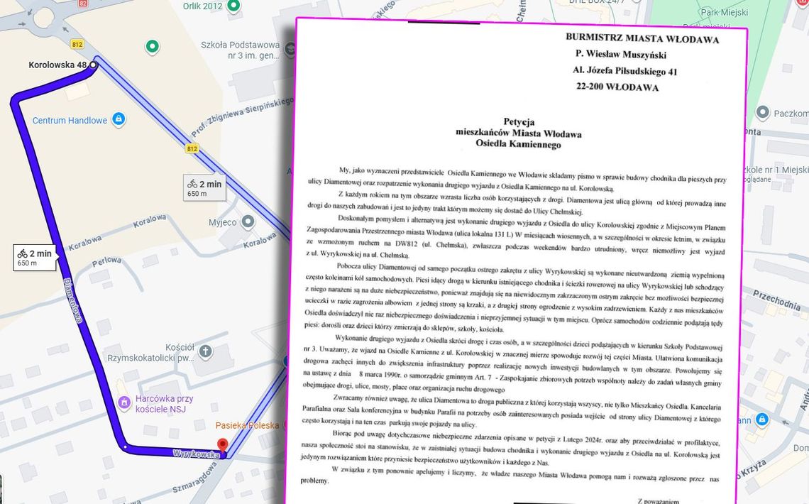 Włodawa. Mieszkańcy osiedla Kamiennego złożyli petycję w sprawie dróg i chodnika mapka z ulicą i pismo mieszkańców osiedla kamiennego