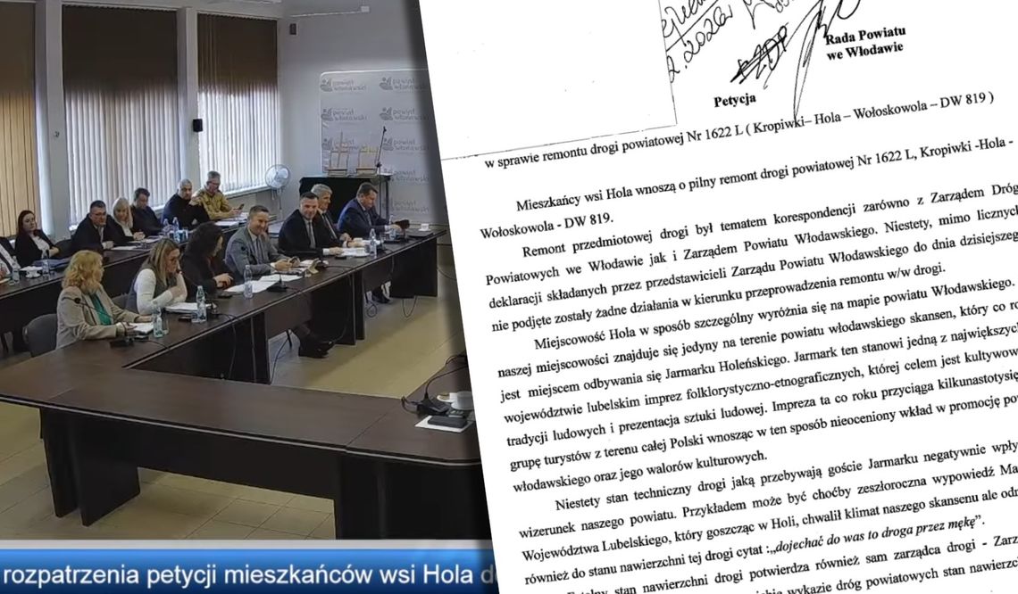 petycja i kadr z sesji rady powiatu