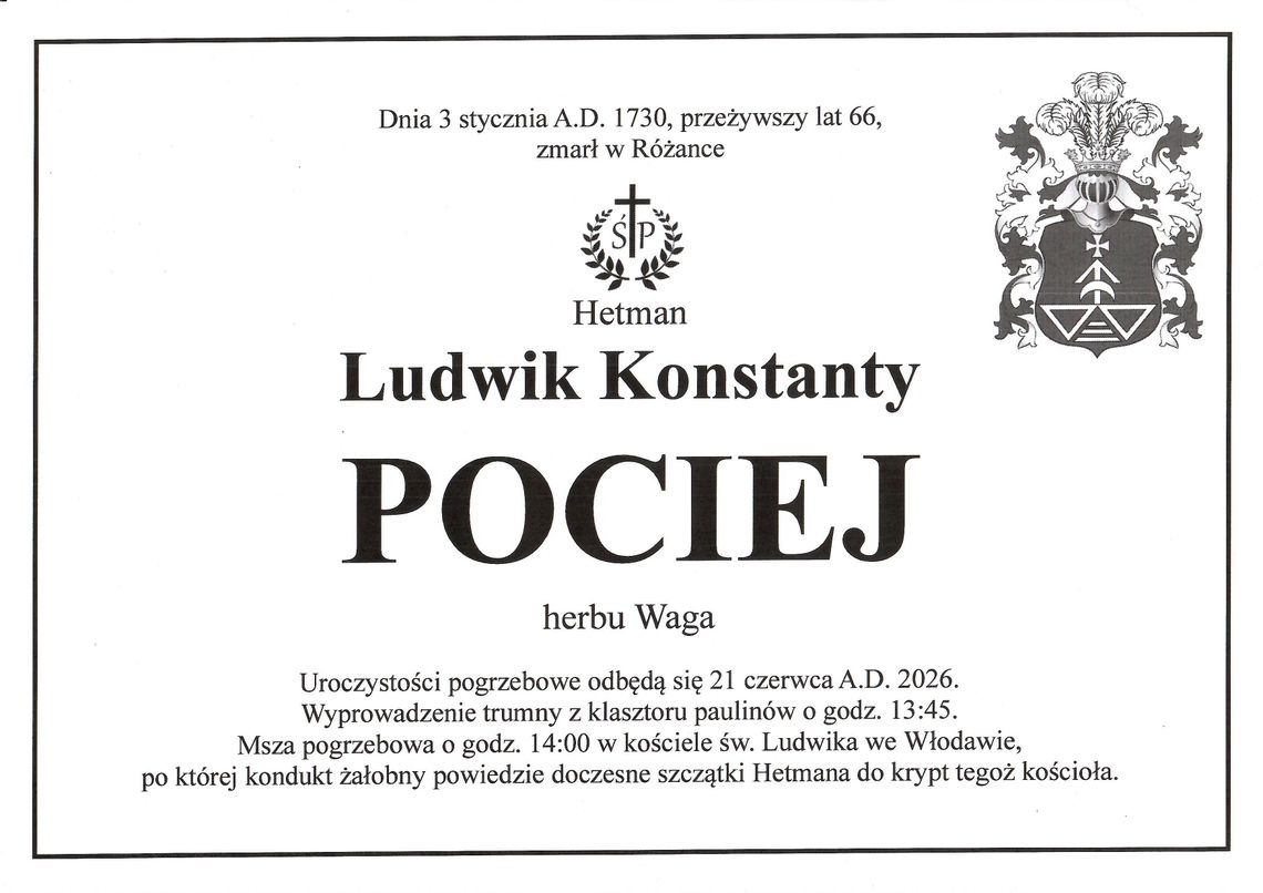 21 czerwca we Włodawie odbędzie się symboliczny pogrzeb Ludwika Konstantego Pocieja oraz otwarcie odrestaurowanych krypt i inauguracja Panteonu Włodawskiego.