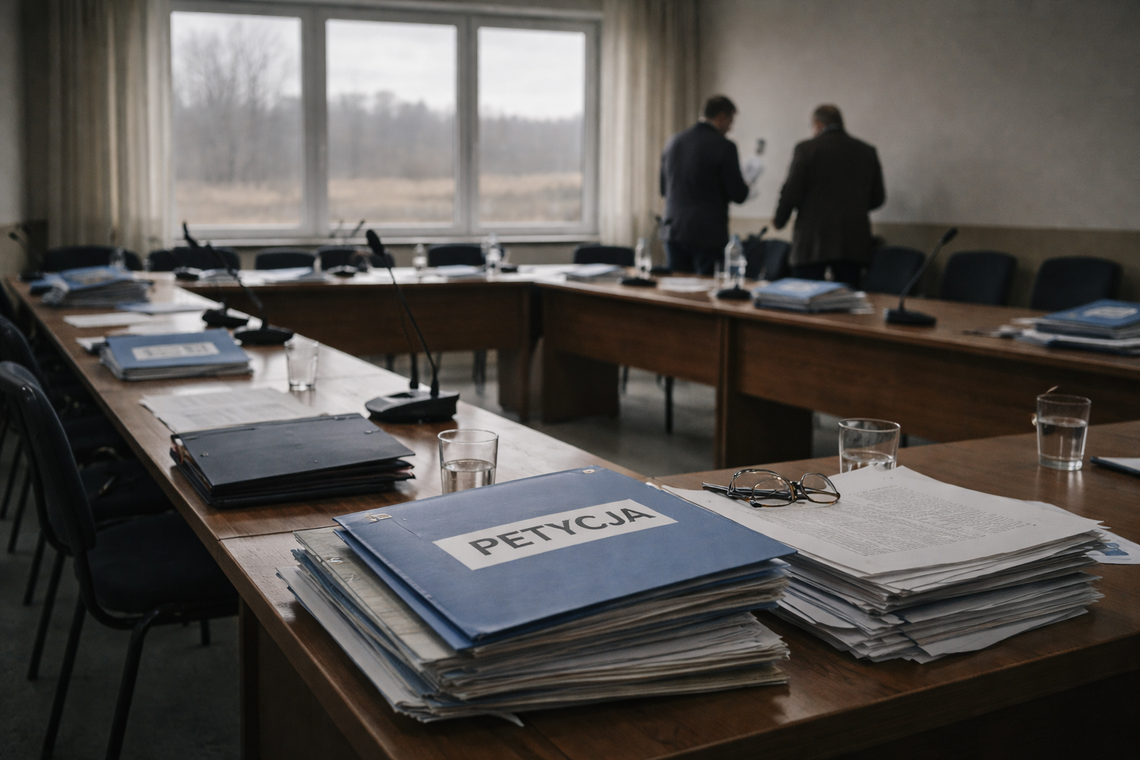 widok na salę obrad ze stosem teczek na stole, jedna z napisem petycja