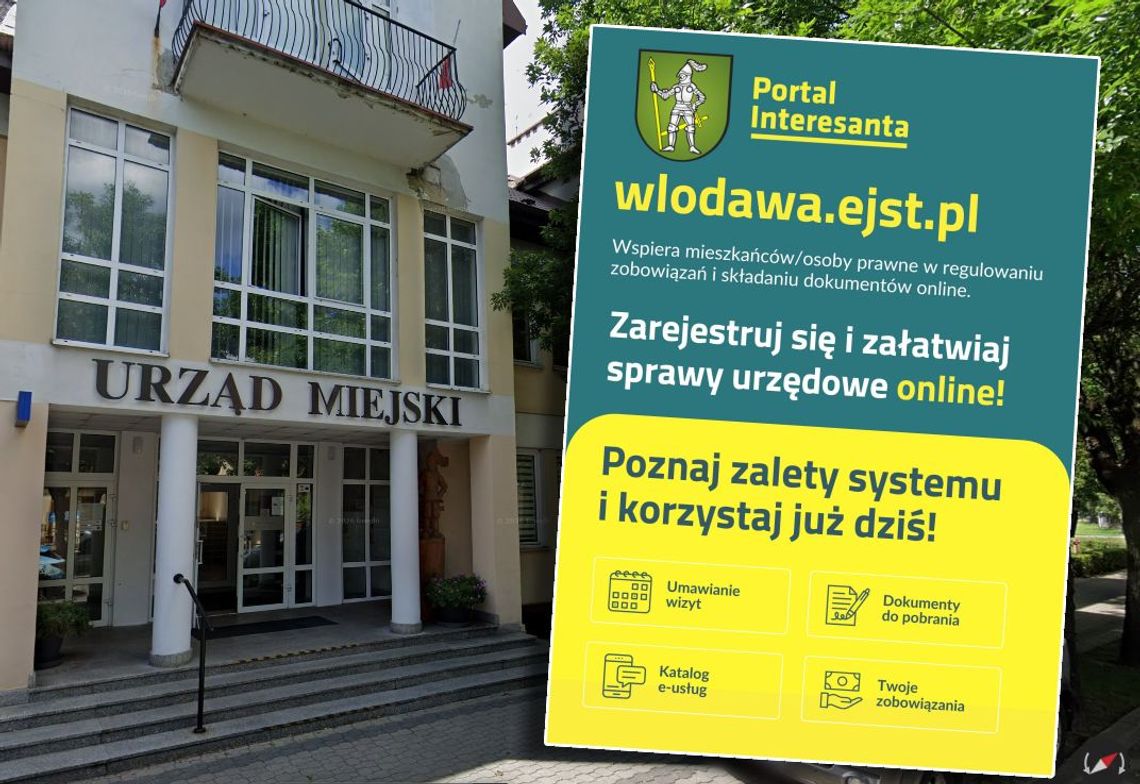 ulotka z nazwą portalu na tle urzędu miejskiego we włodawie