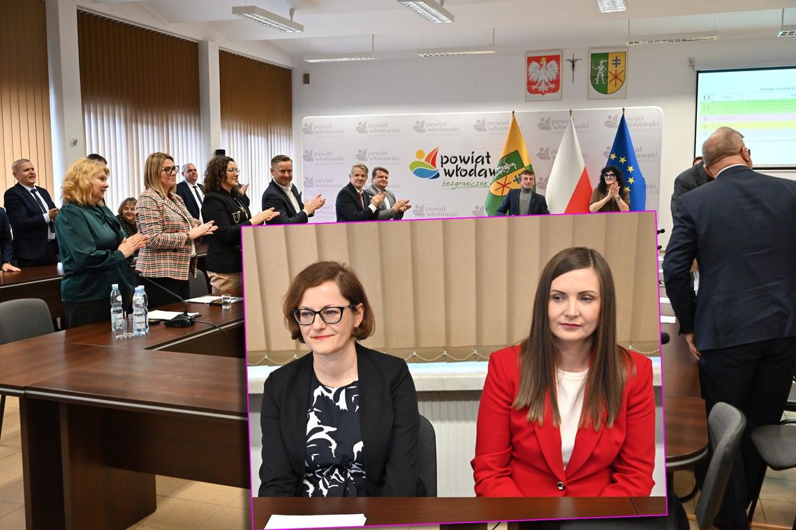 Z lewej Aneta Żmudzińska, z prawej Małgorzata Chudaś, w tle kadr z sesji Rady Powiatu we Włodawie