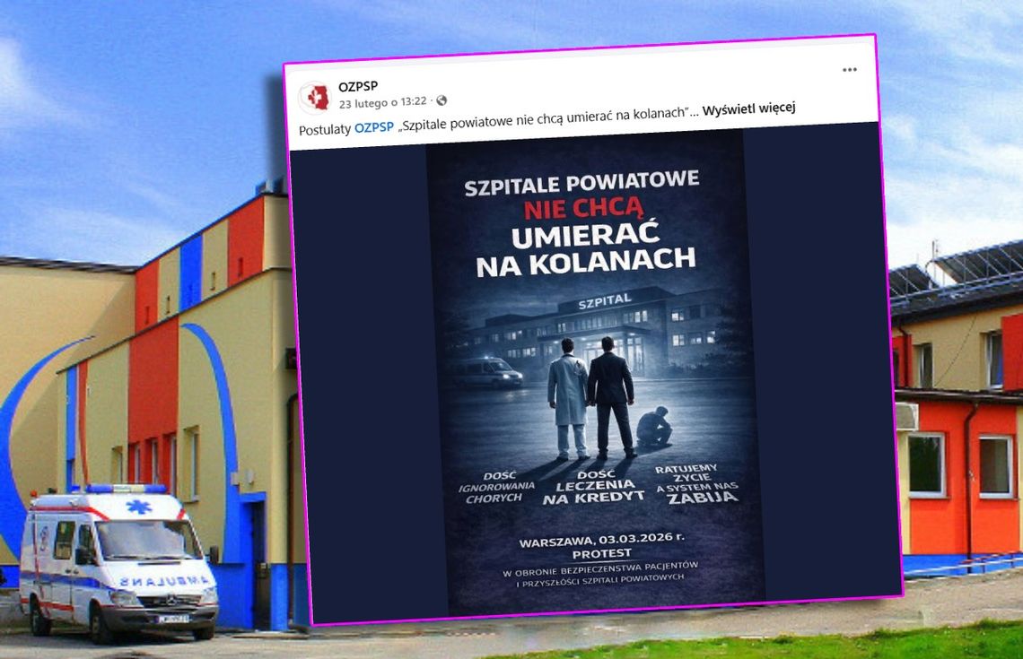 Włodawski szpital nie chce umierać na kolanach. Będzie ogólnopolski protest plakat protestu na tle włodawskiego szpitala