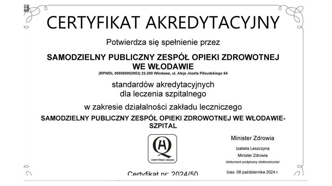 Włodawski szpital z certyfikatem