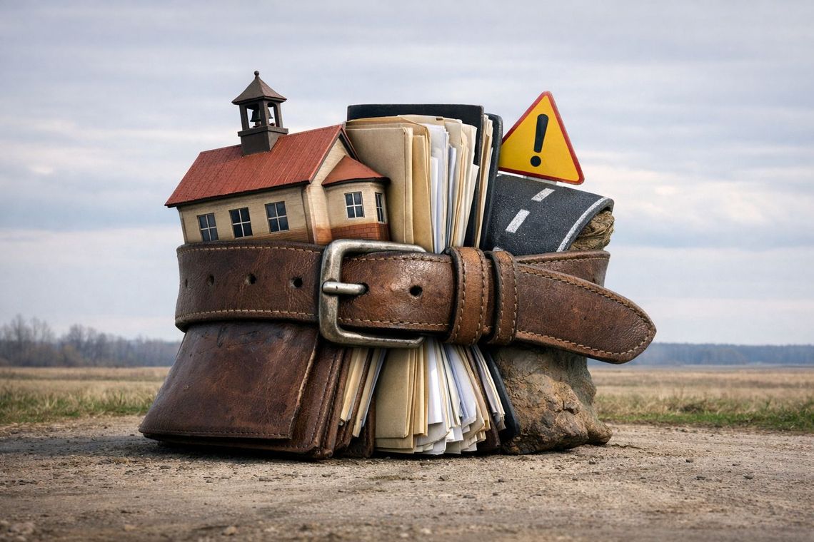 pas symbolicznie zaciśnięty wokół szkół, biurokracji, dróg