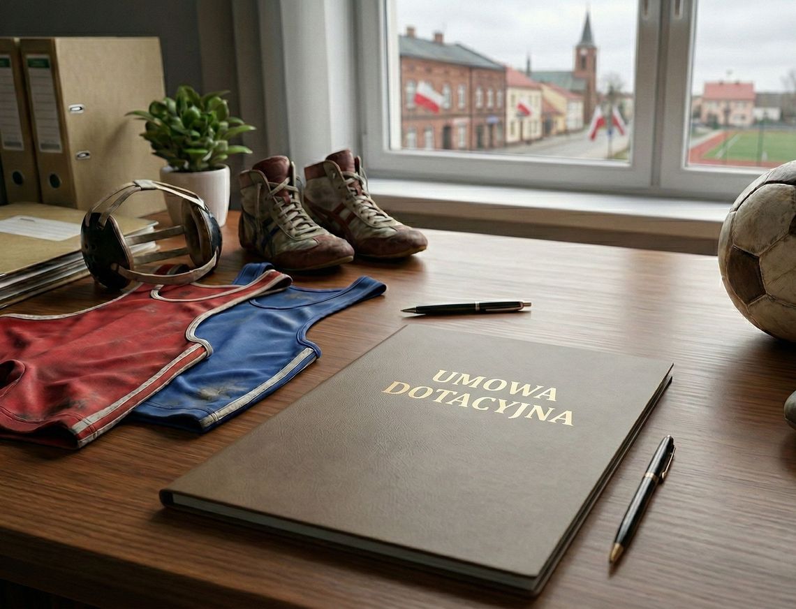 na biurku leży teczka z napisem umowa dotacytjna, a takze piłka nożna i stroje zapaśnicze