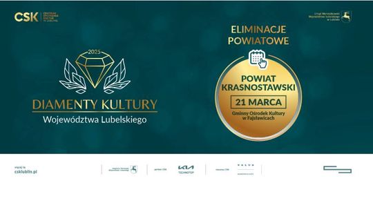 21 marca w sali widowiskowej Gminnego Ośrodka Kultury w Fajsławicach przeprowadzone zostaną eliminacje powiatu krasnostawskiego do konkursu Diamenty Kultury Województwa Lubelskiego 2025.