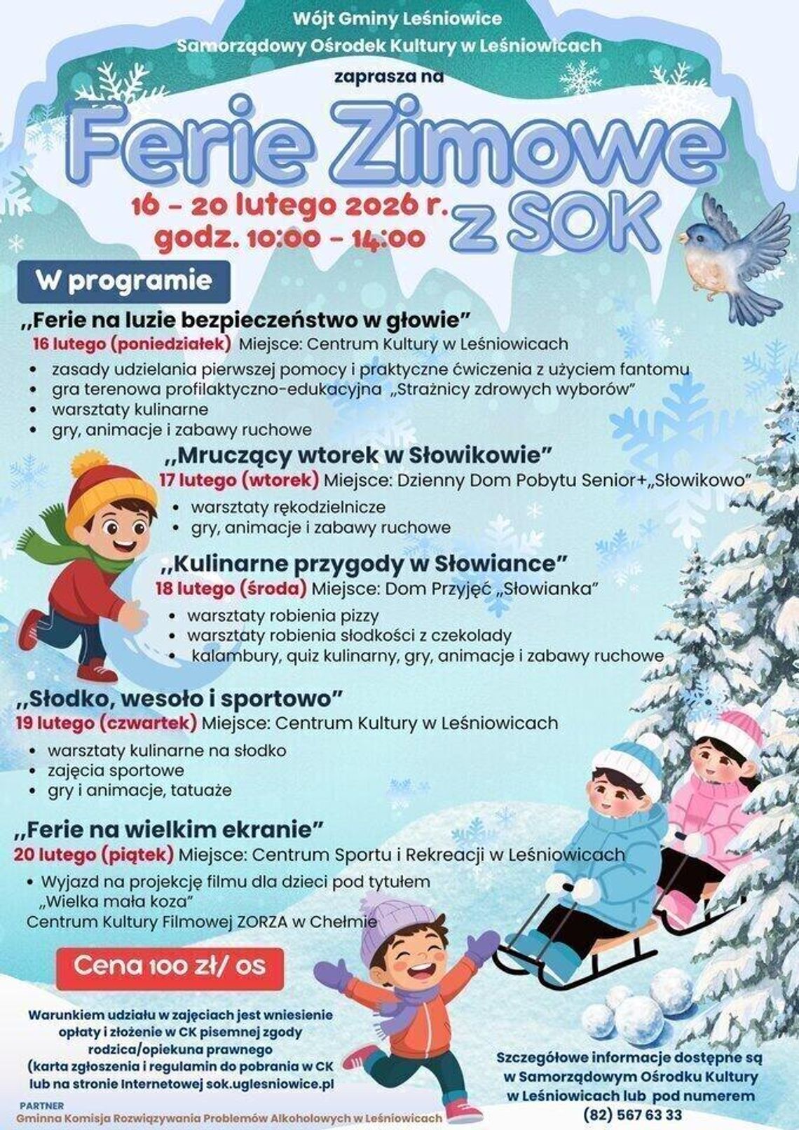 W dniach 16–20 lutego w gminie Leśniowice odbędą się zorganizowane ferie zimowe dla dzieci od 7. roku życia.