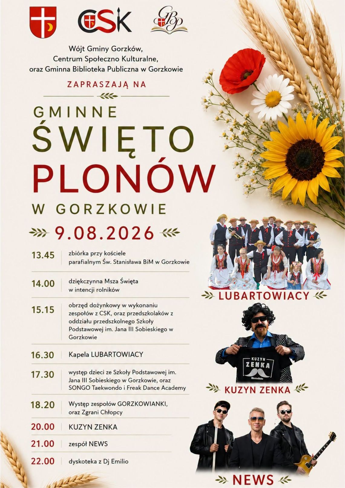 Gminne Święto Plonów w Gorzkowie. Znany program dożynek na 9 sierpnia Tegoroczne Gminne Święto Plonów odbędzie się 9 sierpnia i połączy tradycyjne obrzędy, występy artystyczne oraz wieczorną zabawę taneczną.