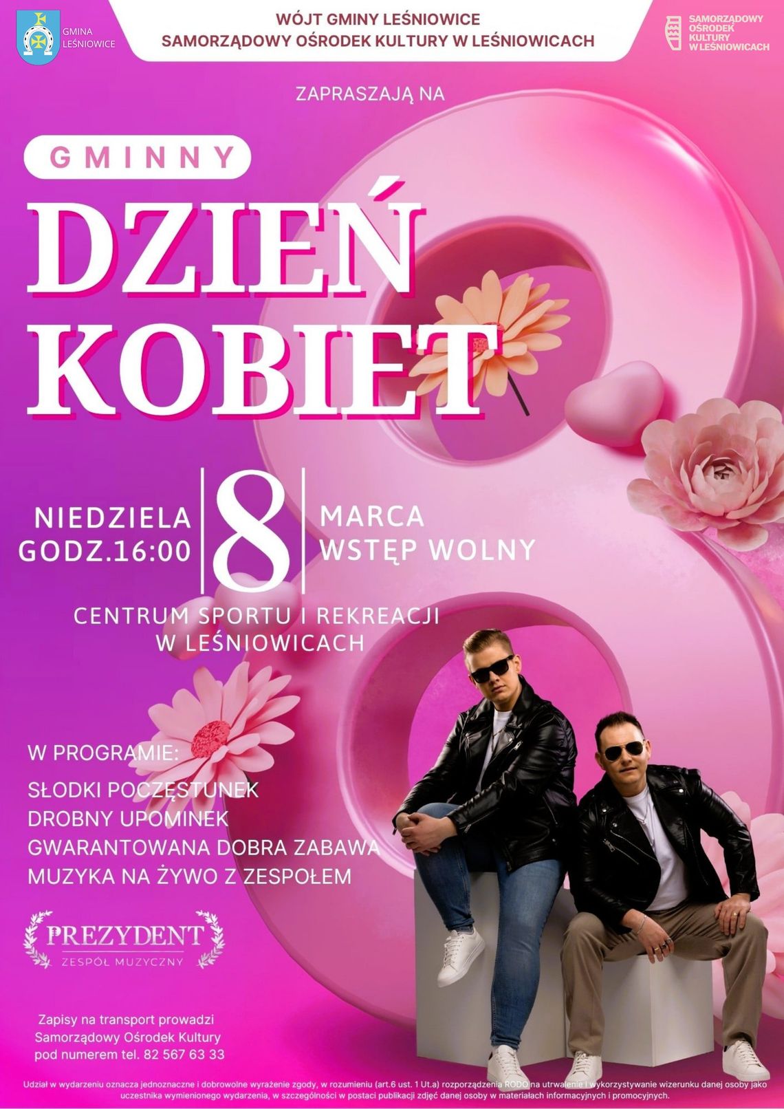 Gminny Dzień Kobiet odbędzie się 6 marca o godzinie 16:00 w Centrum Sportu i Rekreacji w Leśniowicach.