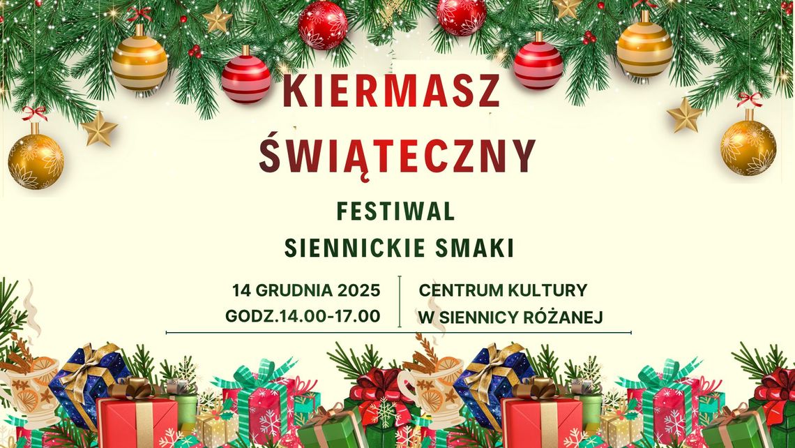 Centrum Kultury w Siennicy Różanej organizuje Jarmark Bożonarodzeniowy, który odbędzie się w niedzielę, 14 grudnia o godzinie 14:00.