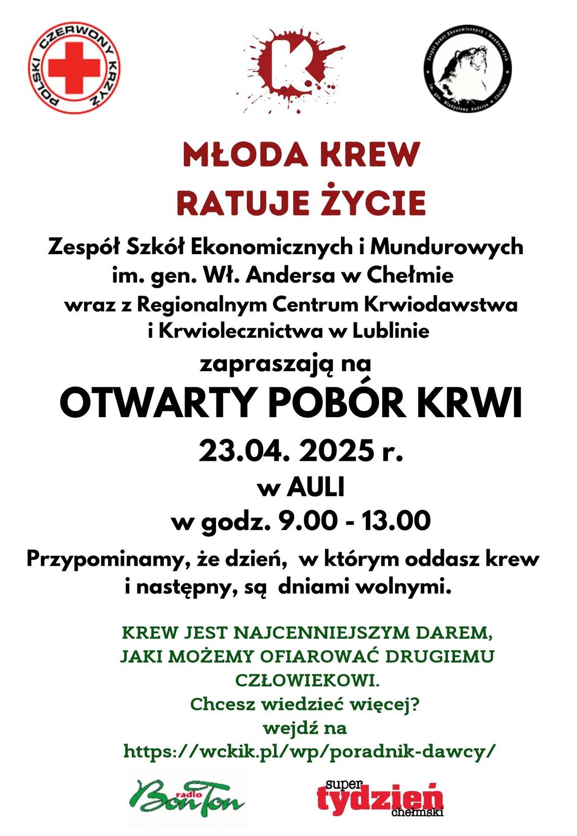 Otwarty pobór krwi w ZSEiM w Chełmie Otwarty pobór krwi w ZSEiM w Chełmie
