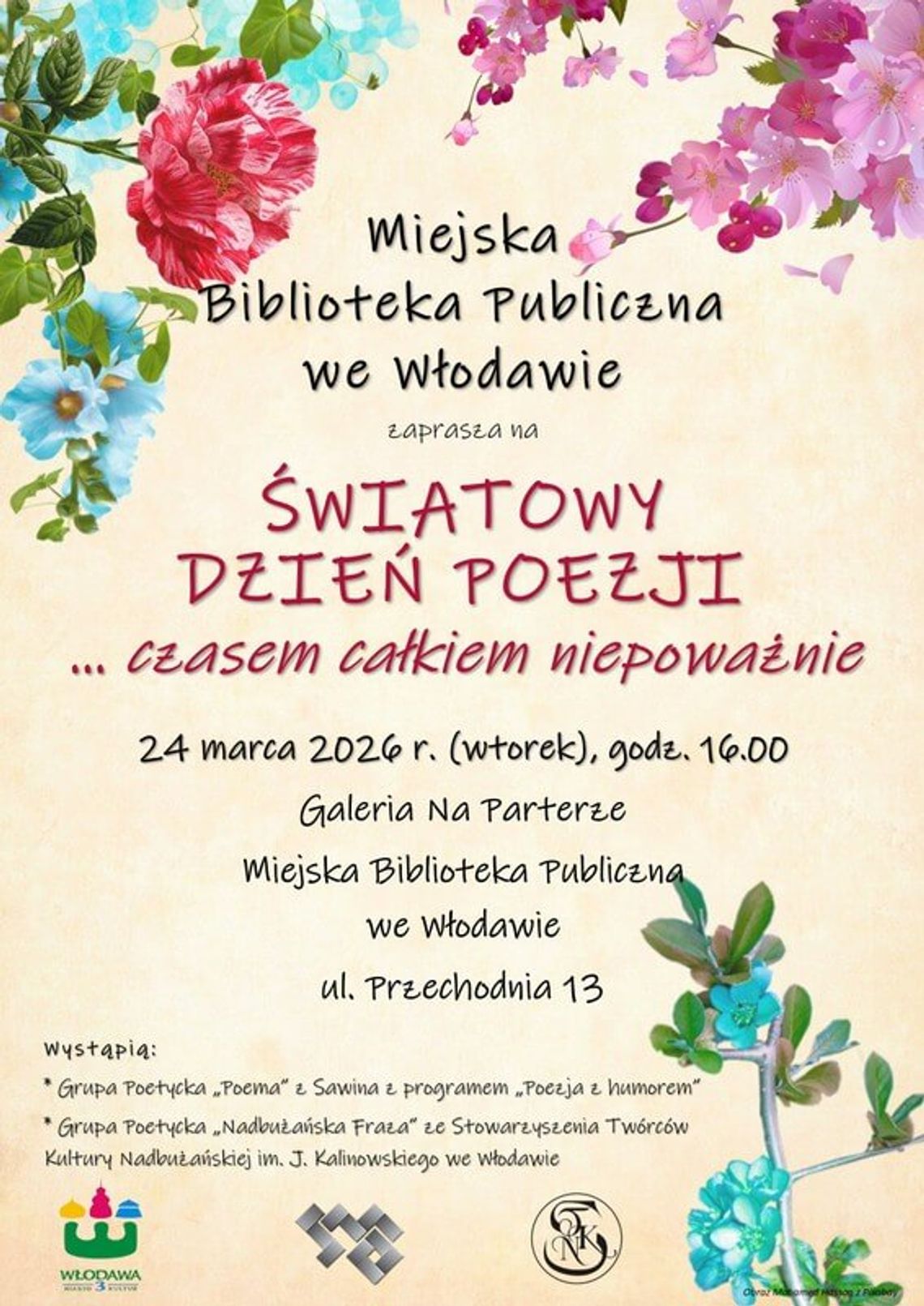 Włodawa. Światowy Dzień Poezji w Miejskiej Bibliotece Publicznej 24 marca o godzinie 16:00 odbędzie się spotkanie literackie w Galerii Na Parterze przy ulicy Przechodniej 13.