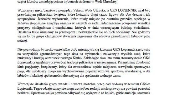 GKS Łopiennik wydał oświadczenie ws. barażowych zamieszek