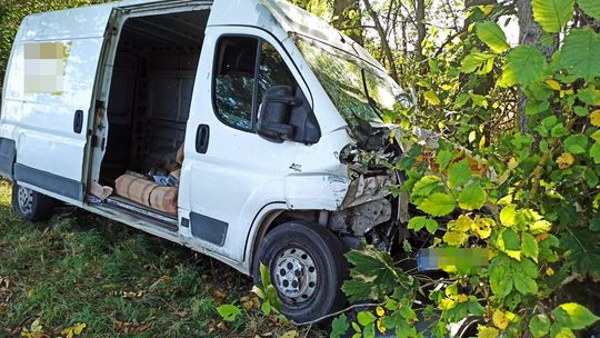 Chwile grozy podczas holowania. Kurierski bus uderzył w drzewo [ZDJĘCIA]