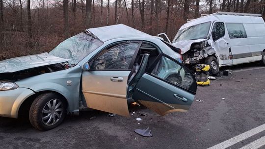 Łopiennik Nadrzeczny. Zderzenie busa z osobówką. 5 osób zabrano do szpitala. Ruch zablokowany [GALERIA ZDJĘĆ]