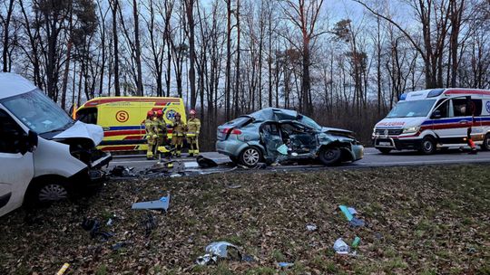 Łopiennik Nadrzeczny. Zderzenie busa z osobówką. 5 osób zabrano do szpitala. Ruch zablokowany [GALERIA ZDJĘĆ]
