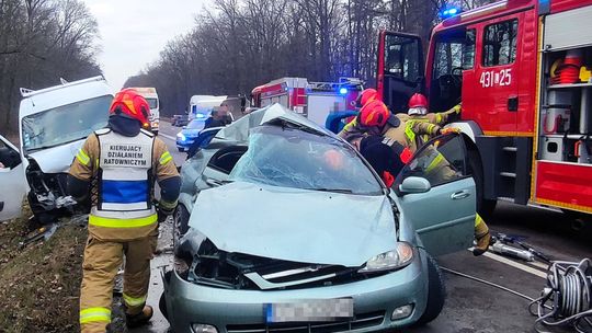 Łopiennik Nadrzeczny. Zderzenie busa z osobówką. 5 osób zabrano do szpitala. Ruch zablokowany [GALERIA ZDJĘĆ]