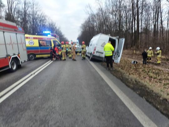 Łopiennik Nadrzeczny. Zderzenie busa z osobówką. 5 osób zabrano do szpitala. Ruch zablokowany [GALERIA ZDJĘĆ]