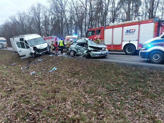Łopiennik Nadrzeczny. Zderzenie busa z osobówką. 5 osób zabrano do szpitala. Ruch zablokowany [GALERIA ZDJĘĆ]