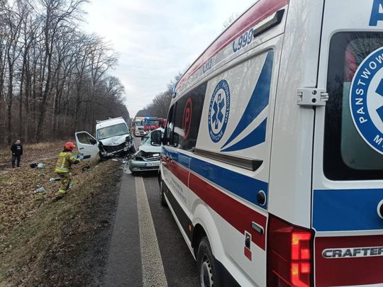 Łopiennik Nadrzeczny. Zderzenie busa z osobówką. 5 osób zabrano do szpitala. Ruch zablokowany [GALERIA ZDJĘĆ]