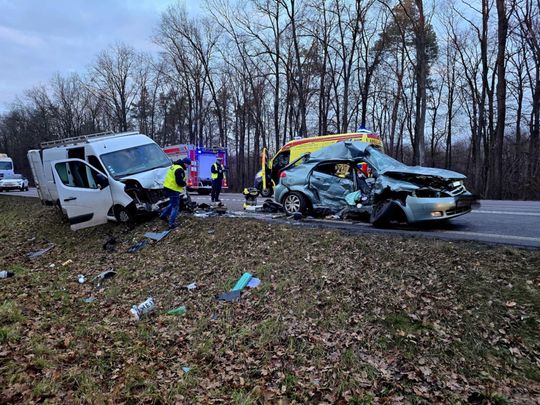 Łopiennik Nadrzeczny. Zderzenie busa z osobówką. 5 osób zabrano do szpitala. Ruch zablokowany [GALERIA ZDJĘĆ]