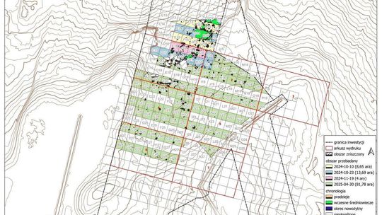Stanowisko Tarnawatka - Tartak 8. Plan warstwicowy stanowiska z przebadanymi arami i obiektami archeologicznymi.