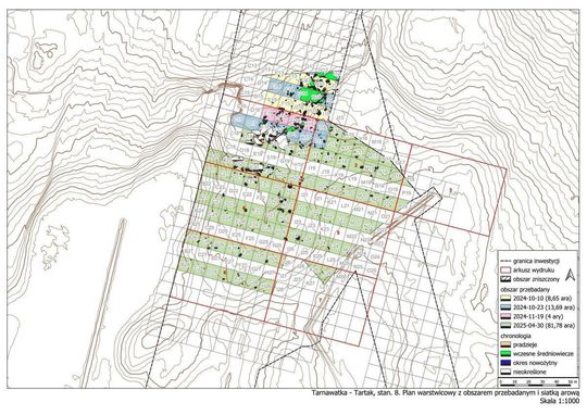 Stanowisko Tarnawatka - Tartak 8. Plan warstwicowy stanowiska z przebadanymi arami i obiektami archeologicznymi. Stanowisko Tarnawatka - Tartak 8. Plan warstwicowy stanowiska z przebadanymi arami i obiektami archeologicznymi.