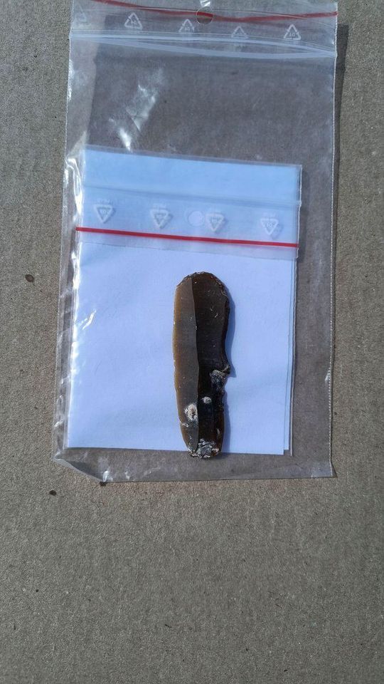 Stanowisko Tarnawatka - Tartak 8. Pradziejowy drapacz krzemienny pozyskany podczas badań. Fot. A. Stachyra Stanowisko Tarnawatka - Tartak 8. Pradziejowy drapacz krzemienny pozyskany podczas badań. Fot. A. Stachyra