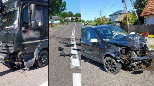 Zderzenie osobówki z ciężarówką w Starym Brusie. Jedna osoba trafiła do szpitala [GALERIA ZDJĘĆ]