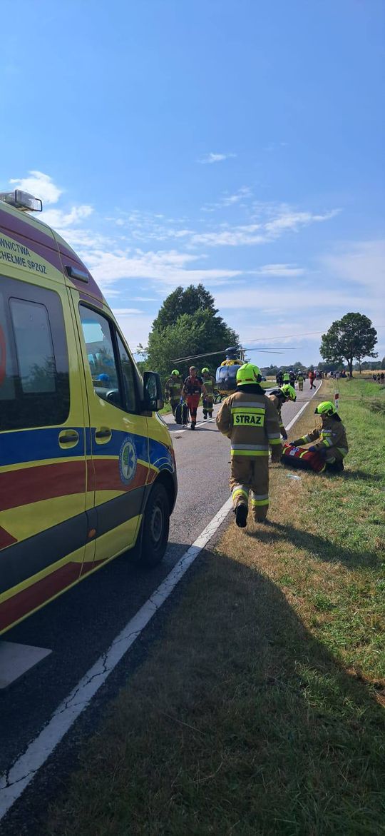 Groźny wypadek na drodze wojewódzkiej. Skoda wypadła z trasy, interweniował śmigłowiec LPR [ZDJĘCIA]