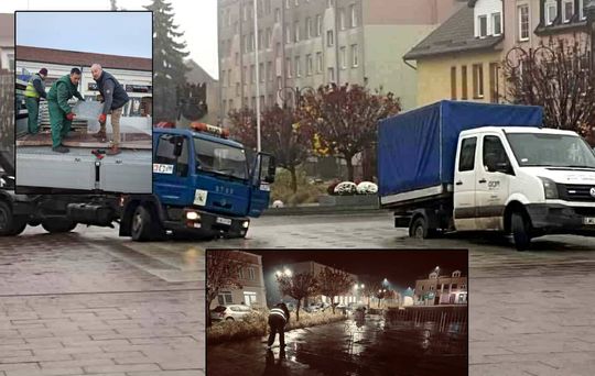 Niecodzienny incydent we Włodawie: dwie ciężarówki MPGK zapadły się na fontannie na rynku [ZDJĘCIA]