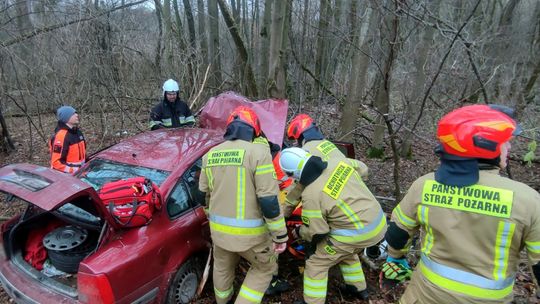 Poważny wypadek. Samochód uderzył w drzewo. Kierowca przetransportowany  do szpitala śmigłowcem LPR [ZDJĘCIA]