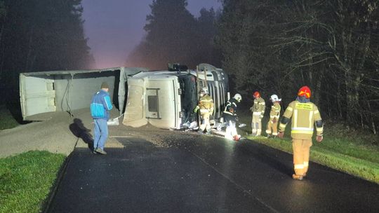 Tir z pelletem przewrócił się na drodze wojewódzkiej w Lucie [ZDJĘCIA]